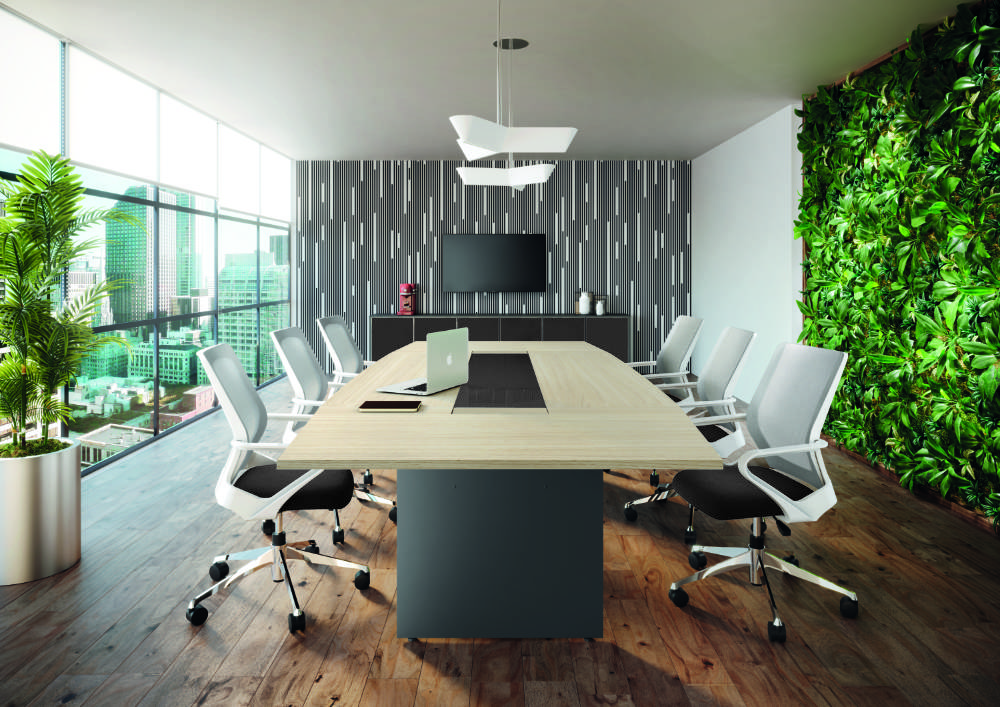 Mesa de reunião formato canoa com detalhe em vidro Versatile
